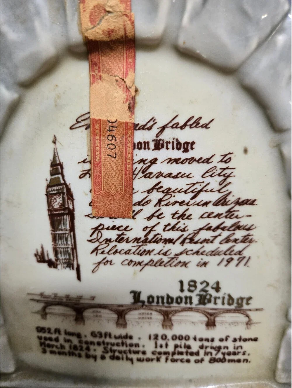 Vintage 1971 Jim Beam London Bridge Ceramic Decanter